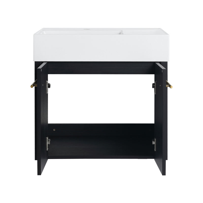 Modern Wall Mounted Bathroom Vanity With Thick Edge Resin Sink And Storage Rack