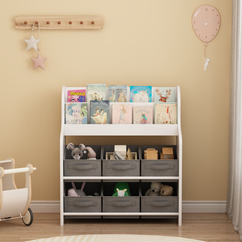 Bookshelf With 6 Storage Bins, Multi Functional Children's Bookcase And Toy Organizer - White