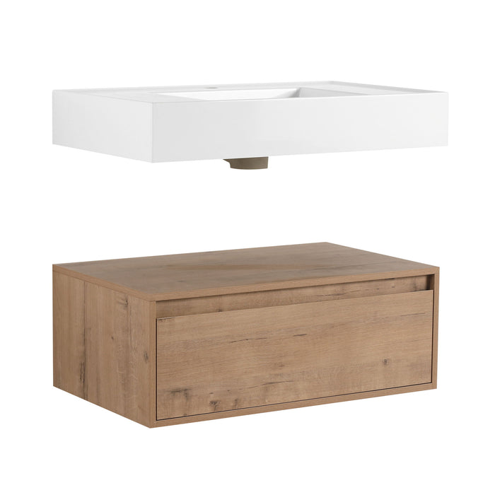 Modern Wall Mounted 30 Inch Bathroom Vanity With Resin Sink And 2 Side Cabinet - Imitative Oak