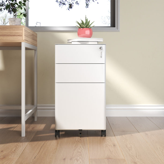 3-Drawer Mobile File Cabinet With Lock, On Wheels, Two Shallow & One Deep Drawer For Office/Home, Fully Assembled - White