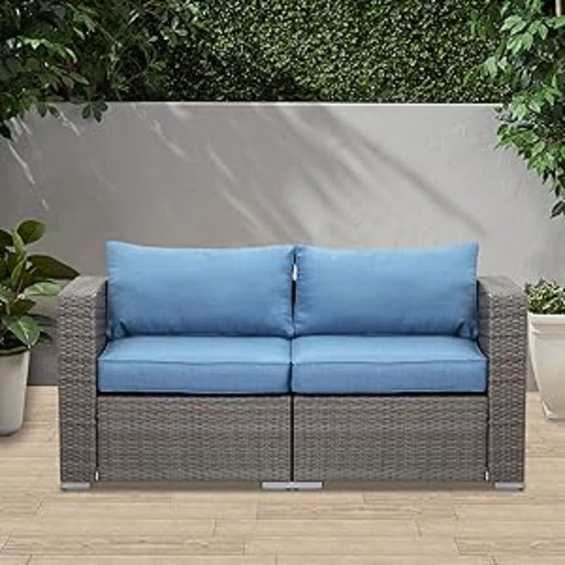 2 Piece Patio Loveseat Set With Thick Cushions, Outdoor Sectional Sofa For Balcony - Blue / Brown