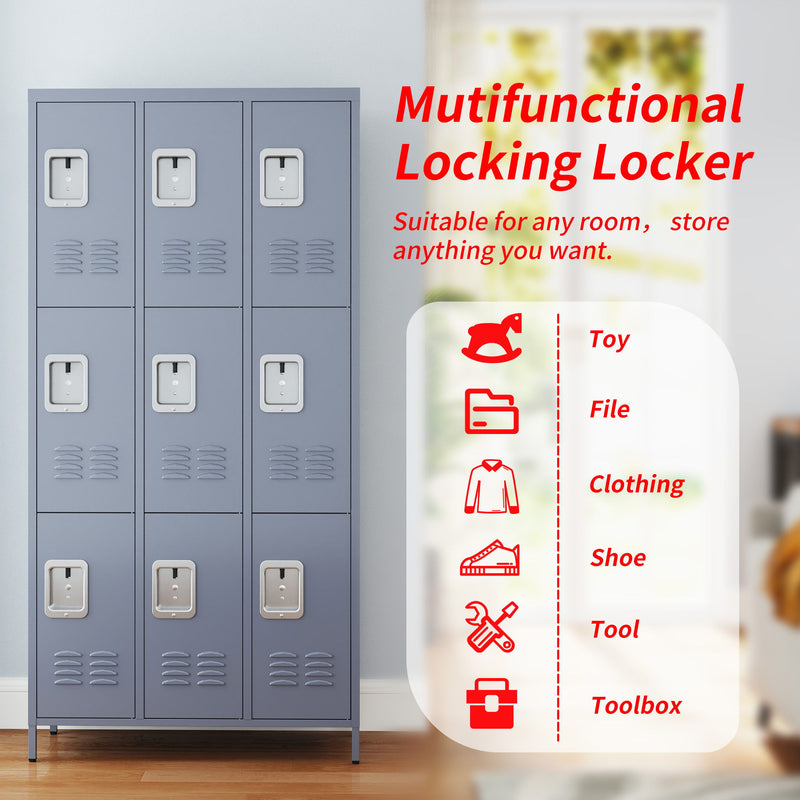 9 Door Lockers With Lock For Storage In Office, School, Gym, And Bedroom - Gray