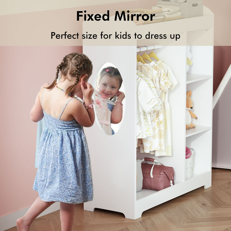 Dress Up Storage With Mirror And Hooks, Clothes Rack With Hanging Rod, 3 Side Hooks, Open Shelves, Top Shelf Organizer - White