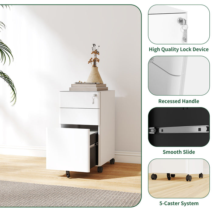 3-Drawer Mobile File Cabinet With Lock, On Wheels, Two Shallow & One Deep Drawer For Office/Home, Fully Assembled - White