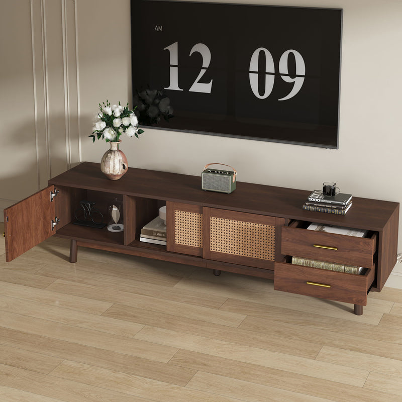 TV Stand For 80" TVs With Sliding Doors And Drawers, Accent Storage Unit - Dark Brown