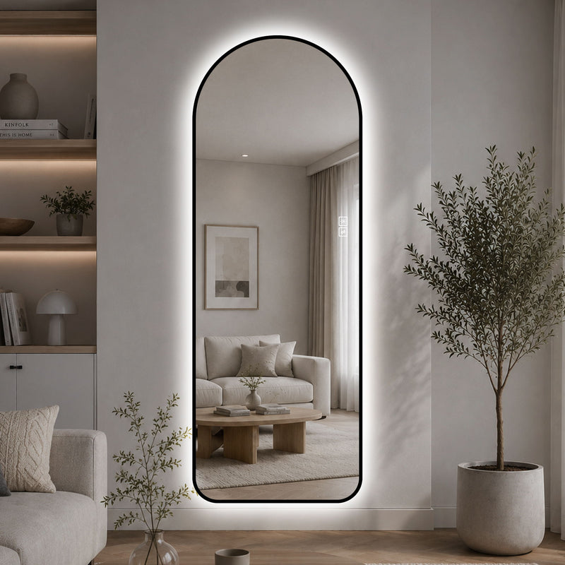 65" X 24" Arched LED Full Length Mirror With Frame, 3 Color Temperatures & Stepless Dimming - Black