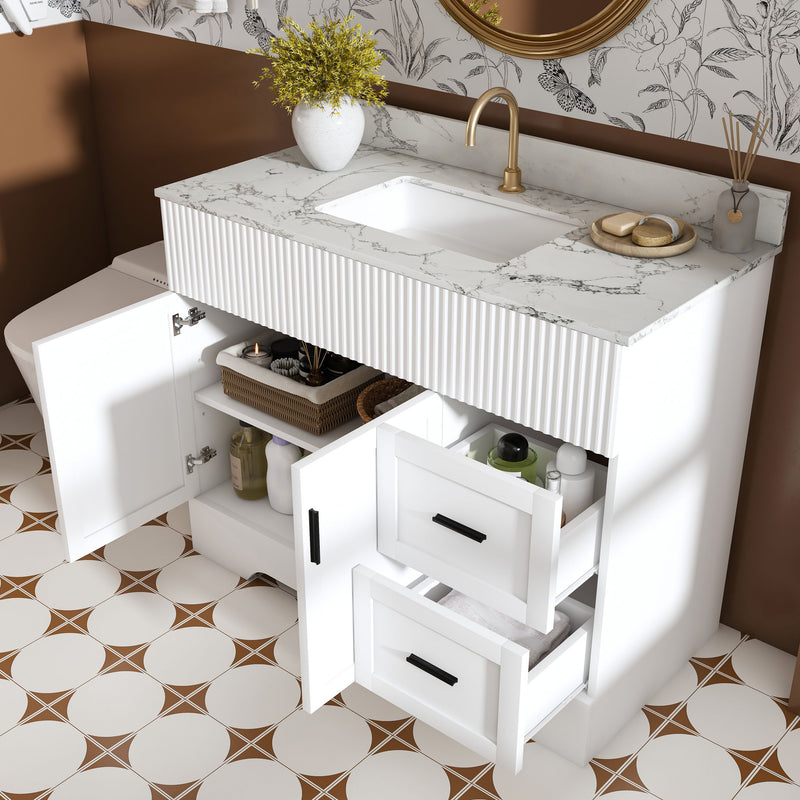 Bathroom Vanity Set, Fluted Cabinet, Soft Close Doors & Drawers, Sink Included - White