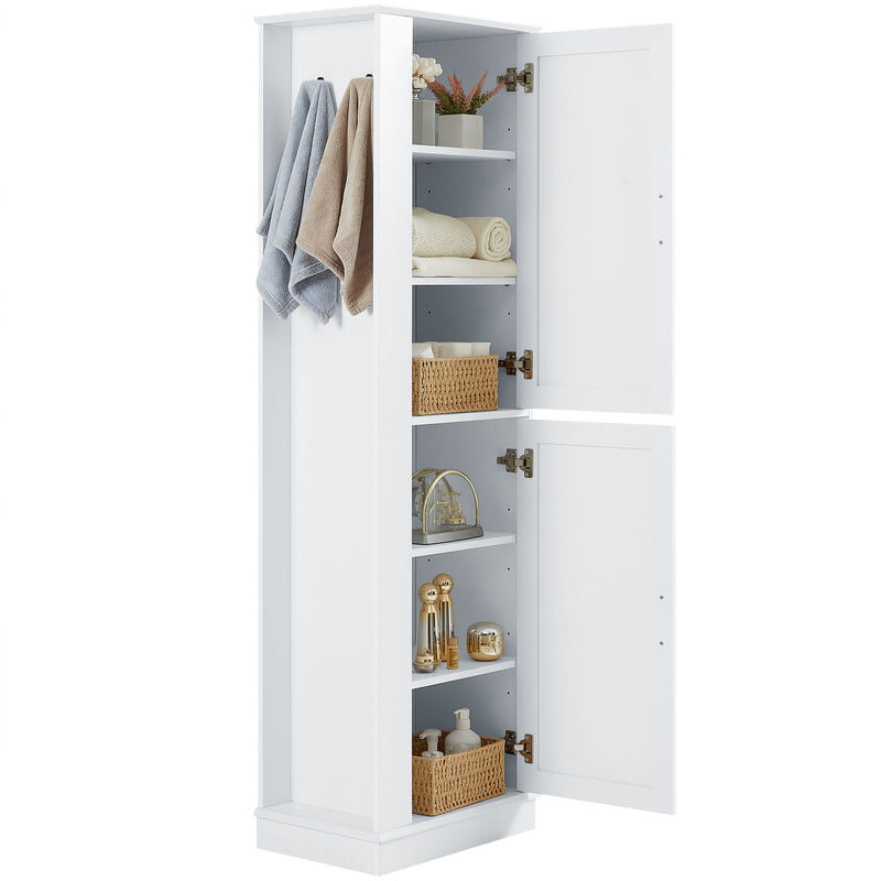 Tall Freestanding Bathroom Storage Cabinet With Adjustable Shelves And Side Hooks