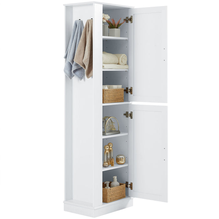 Tall Freestanding Bathroom Storage Cabinet With Adjustable Shelves And Side Hooks