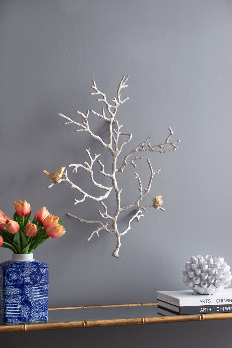 Metal Branch Wall Sculptures With Bird Accents (Set of 2) - Silver Multi