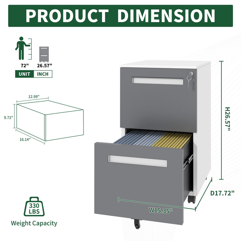 2-Drawer Mobile File Cabinet With Lock,On 360° Wheels, Holds A4/Letter/Legal Files - White