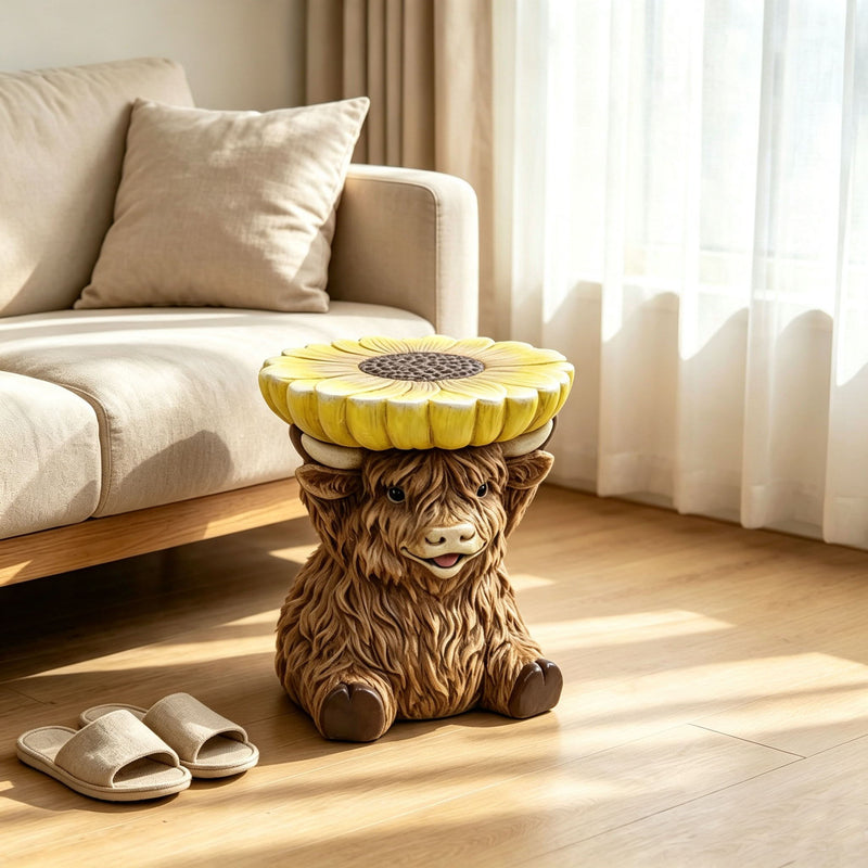 14'' Brown Highland Cow Stool With Yellow Sunflower Top, Cute Farm Animal Side Table Decor, Indoor & Outdoor Creative Figurine Seat For Patio, Garden, Living Room Home Decor