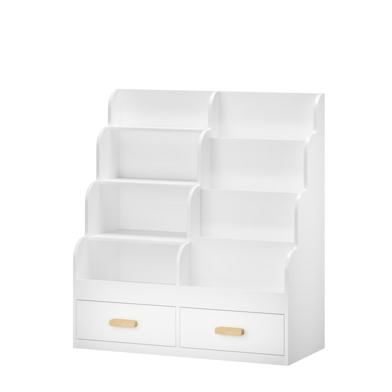 Bookshelf With 2 Storage Drawers, Front Facing Bookcase And Toy Organizer, Multi Tier Reading Shelf - White