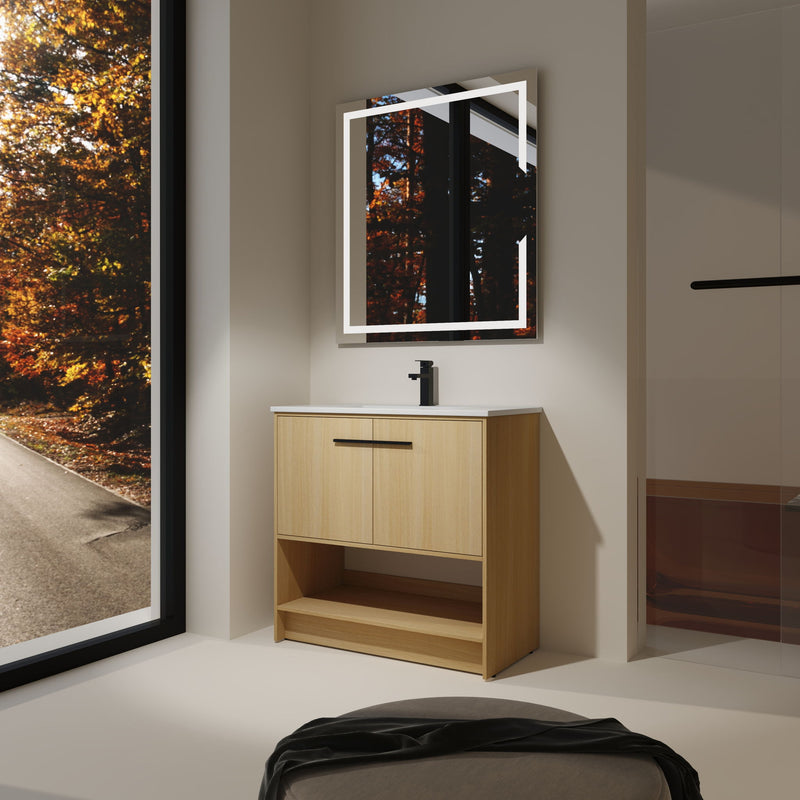 Modern Bathroom Vanity With Ceramic Sink, Freestanding Cabinet, Soft Closing Doors