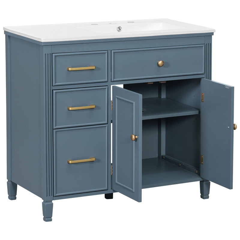 Modern Bathroom Vanity With Ceramic Sink, Freestanding, One Tip Out Drawer, 3 Side Drawers, Adjustable Shelf