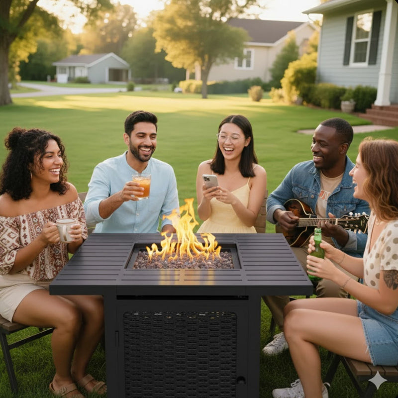 Outdoor 2 In 1 Propane Fire Pit Table With Dual Burners, Lava Rocks And Waterproof Cover - Black