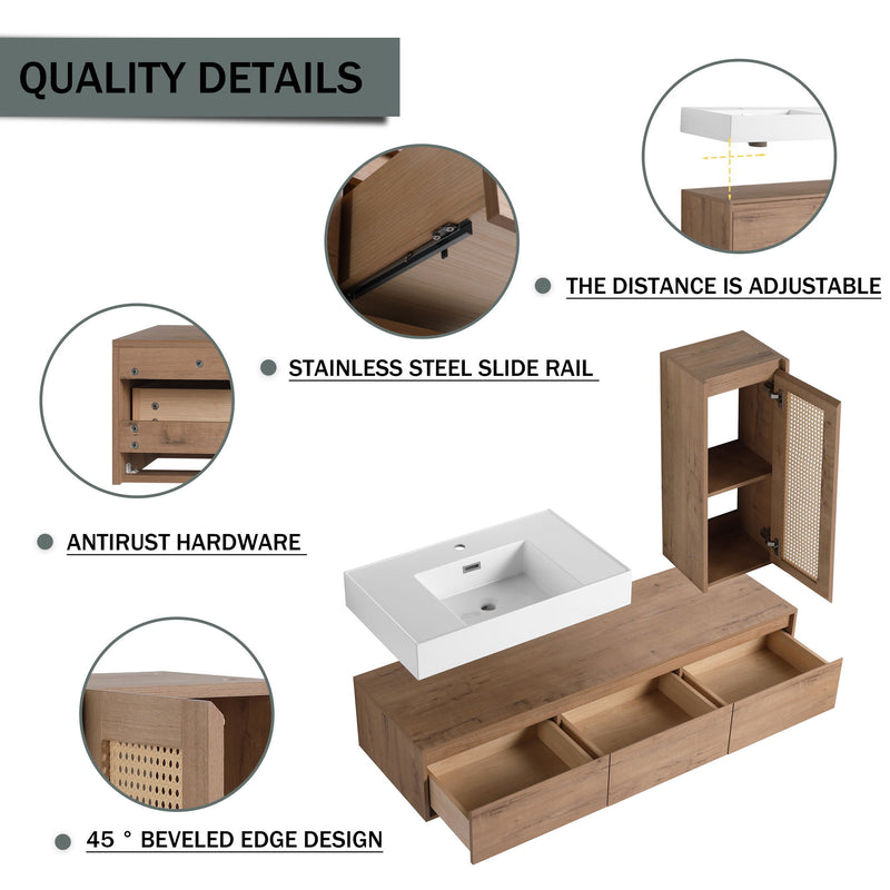 Modern Imitative Wall Mounted Bathroom Vanity With Resin Sink And Side Cabinet