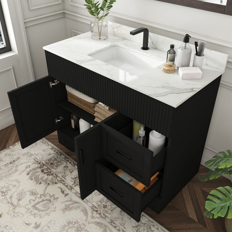 Bathroom Vanity Set, Fluted Cabinet, Soft Close Doors, Single Faucet Hole, Sink Included - Black