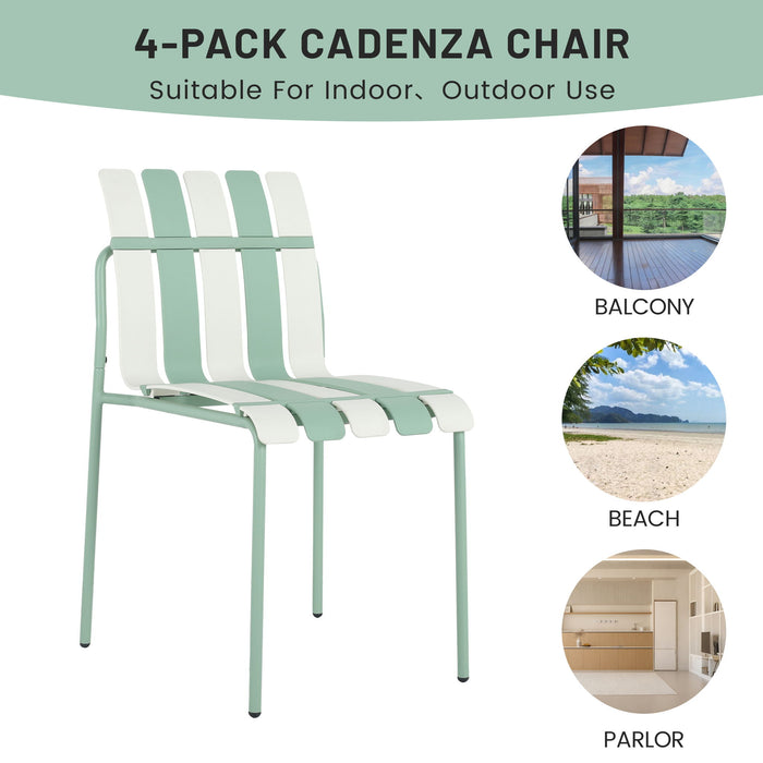 4 Piece Set Of Striped Color Blocking Single Chairs With Long Table - Cream White / Haze Green / White