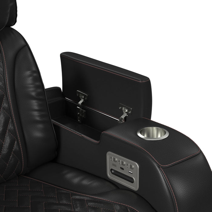 Prime Time P3 Loveseat with LED, wireless charger pocket, and Console in Jett Black with Red Stitching