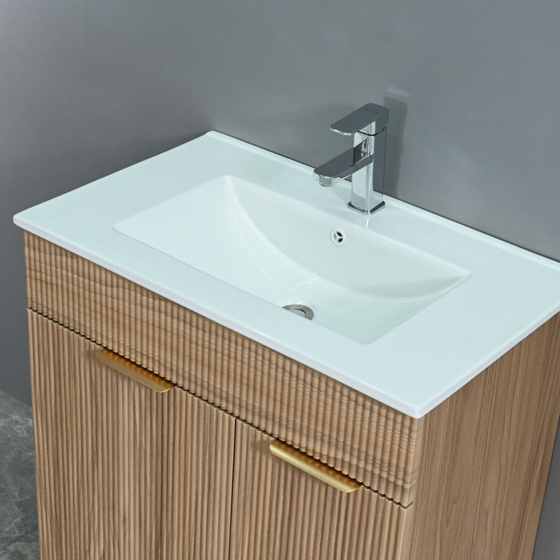 Bathroom Vanity With Sink, Freestanding Fluted Cabinet With 1 Door And 2 Drawers - Natural Walnut