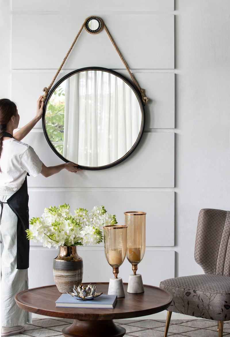 Handsome Cleveland Mirror With Rope Strap Contemporary Design Circle Mirror With Round Metal Frame For Wall Decor