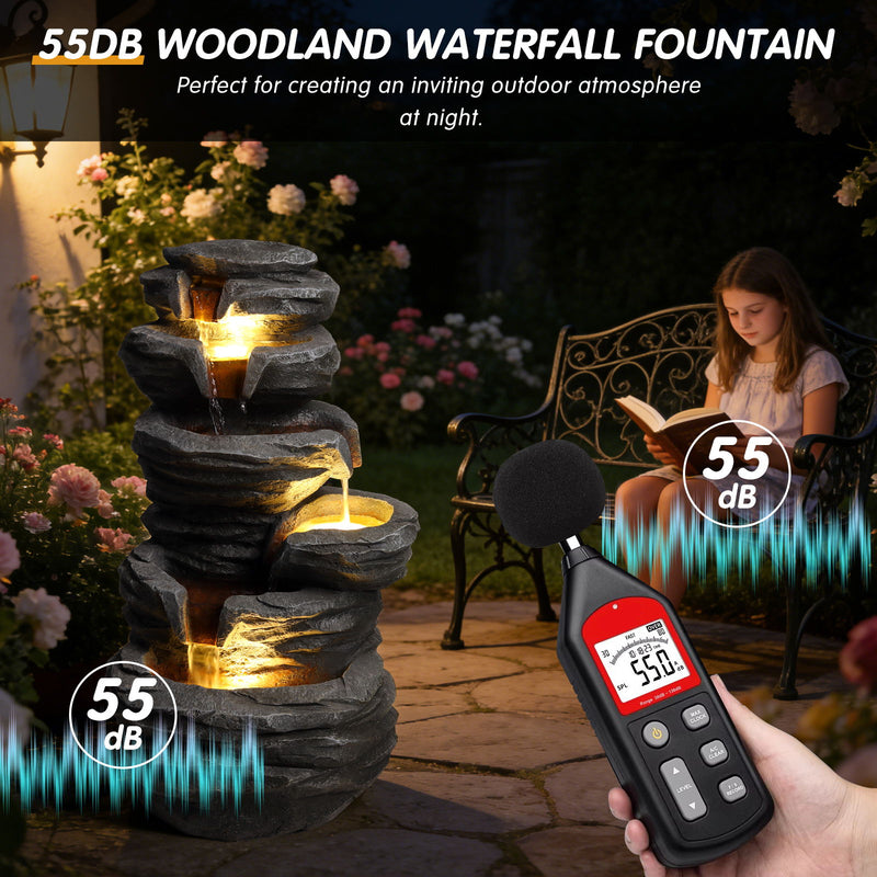 Outdoor Waterfall Fountain With LED Lights For Patio - Gray