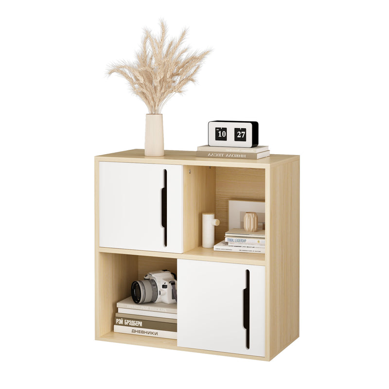 Storage Cabinet With Sliding Doors, 2 Tier Open And Closed Shelves Organizer - Natural / White