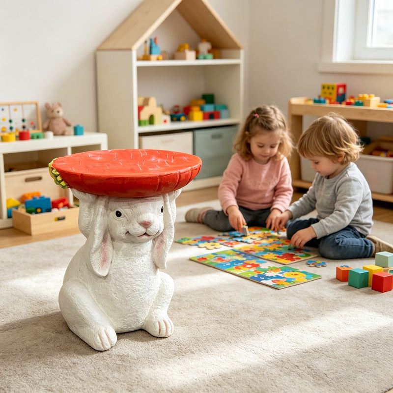 13.39" H X 11.61" W Bunny Side Table With Carrot Top, Cute Rabbit Plant Stand For Indoor & Outdoor Garden Decor