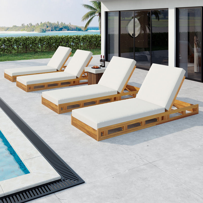Premium Acacia Wood Lounge Chaise Set With Water Resistant Cushions, Adjustable Recline - Cream / Teak