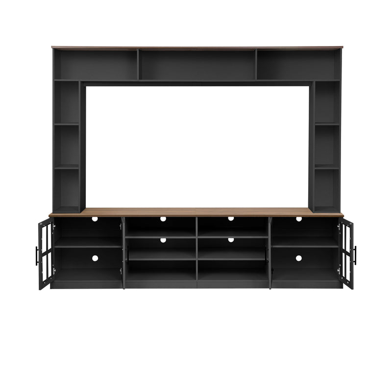 Wall Unit Entertainment Center With Bookshelves For TVs Up To 80", Tempered Glass Doors And Adjustable Shelves