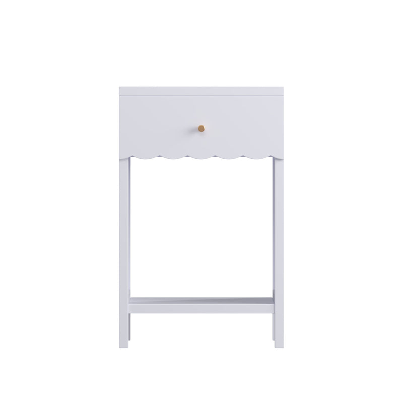 Nightstand With Drawer And Open Shelf, Scalloped Edge Bedside Table