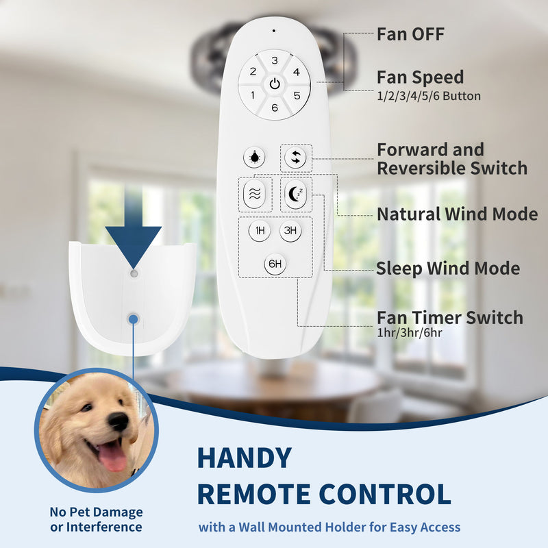 Flush Mount Ceiling Fan With Lights, Low Profile Fandelier With E12 Sockets, Reversible DC Motor, 6 Speeds - Black