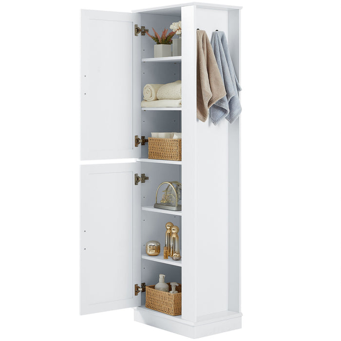 Tall Freestanding Bathroom Storage Cabinet With Adjustable Shelves And Side Hooks