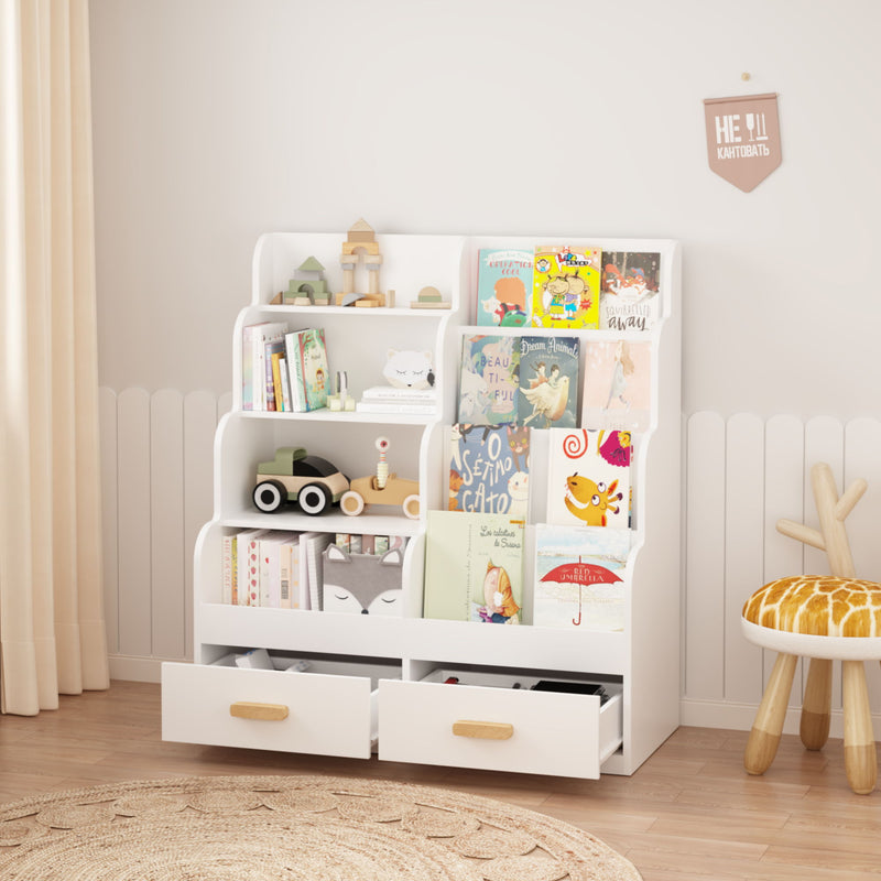 Bookshelf With 2 Storage Drawers, Front Facing Bookcase And Toy Organizer, Multi Tier Reading Shelf - White