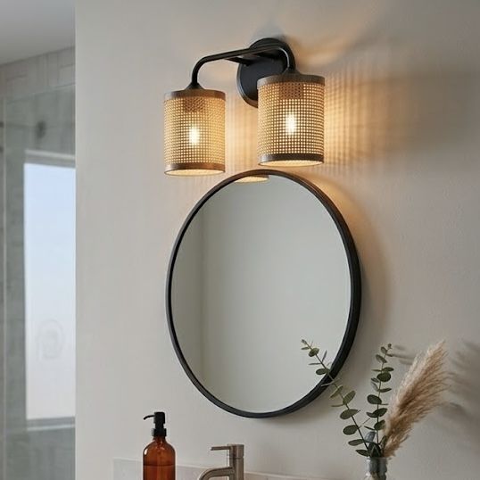 Quell - Double Light Vanity With Natural Shade Wall Lamp - Black / Rattan