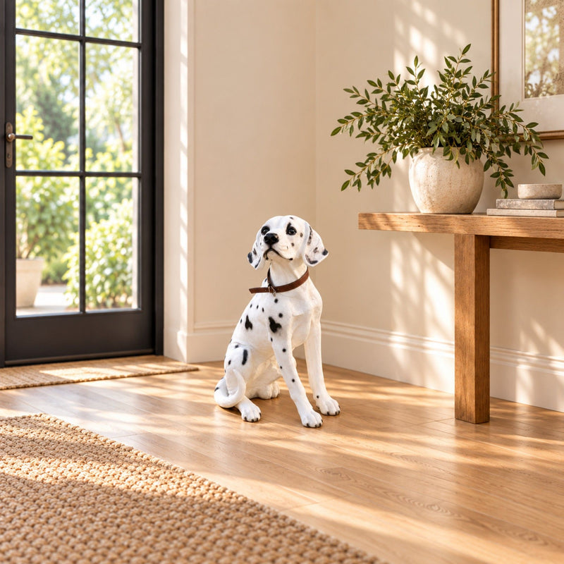 Large Dalmatian Dog Statue, Sitting Spotted Pet Sculpture For Entryway Patio - Black White