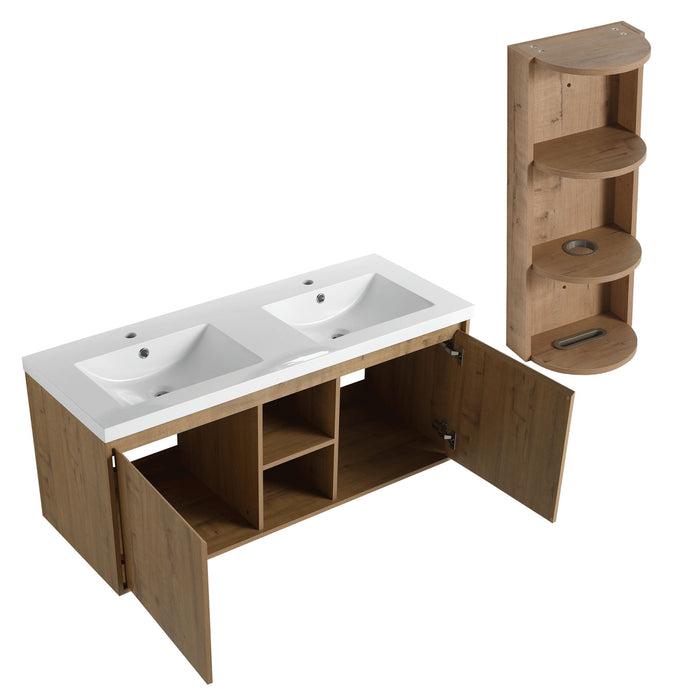 48" Wall Mounted Bathroom Vanity With Double Resin Sink And Storage Rack Soft Close Doors - Imitative Oak