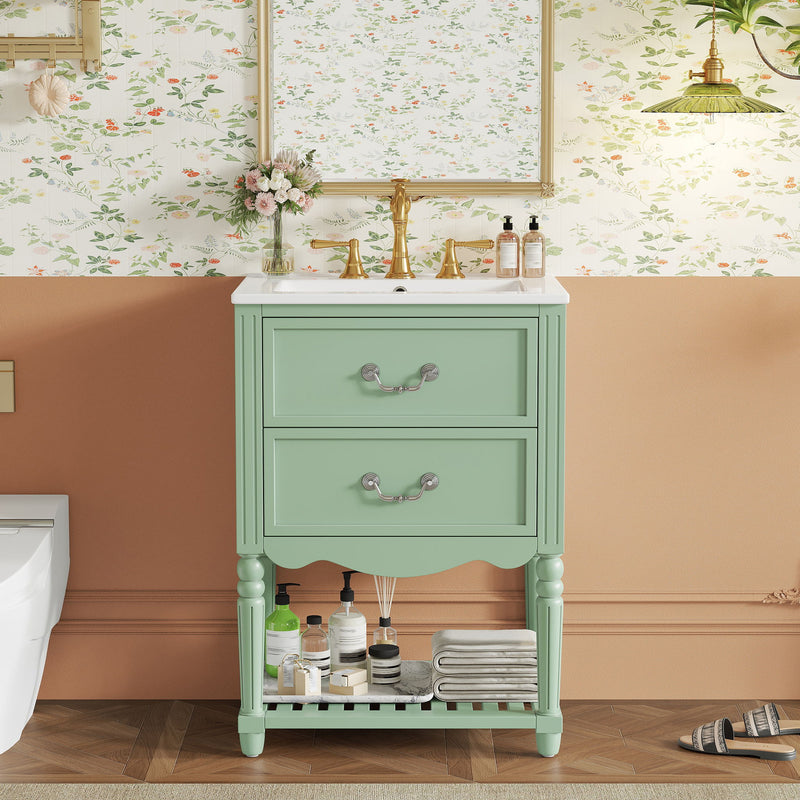 Wave Design Bathroom Vanity With Sink, 2 Drawers And Open Shelf