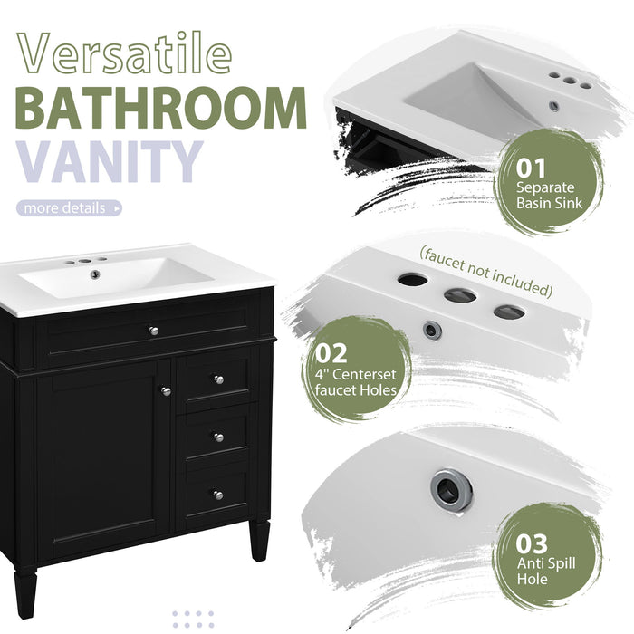 Bathroom Vanity With Top Sink, 2 Doors And 3 Drawers, Freestanding Set With Mirror Cabinet